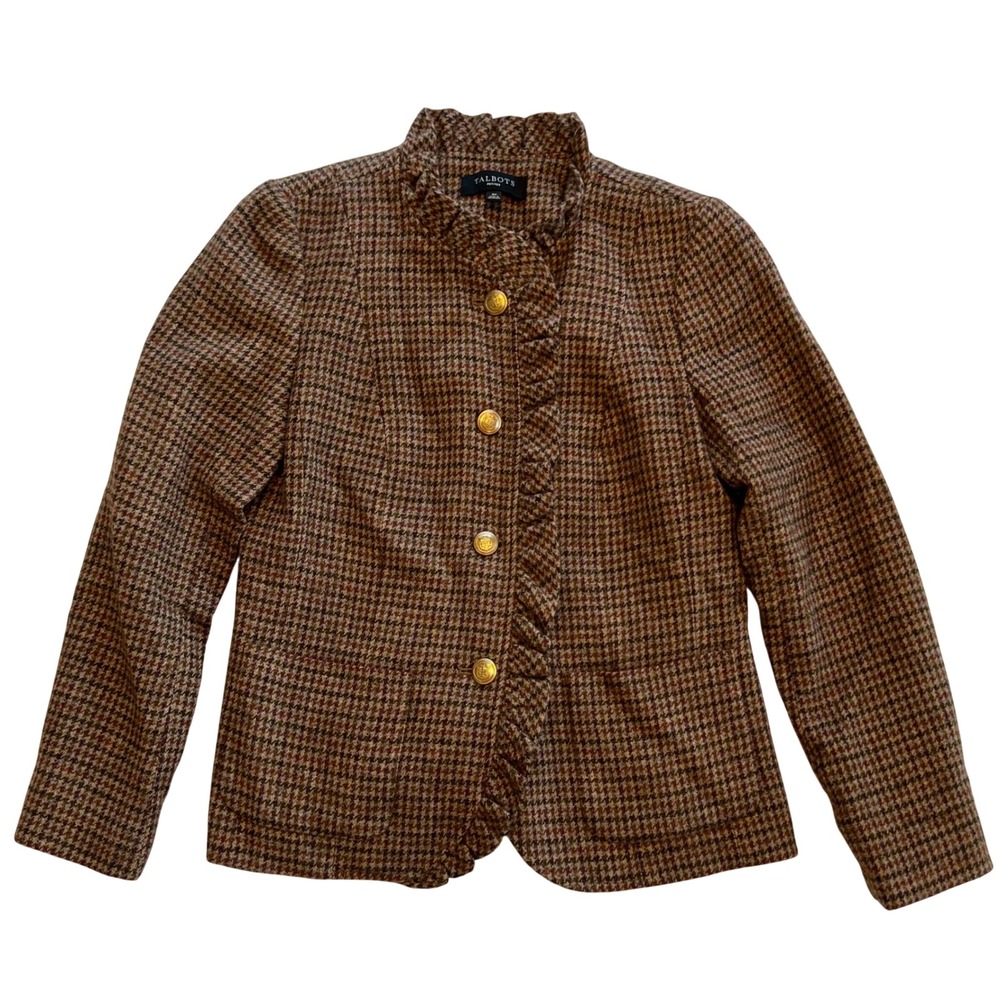 Talbots Tan Brown Houndstooth Preppy Old Money Wool Blend Ruffle Blazer Size 4P